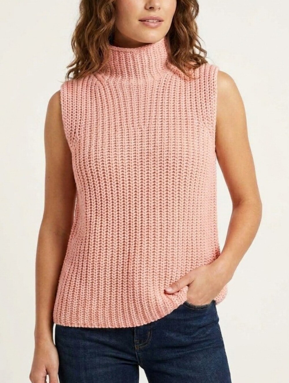 Sz M JEANNE PIERRE 100% Cotton Sleeveless Turtleneck Chunky Knit Sweater Lt Pink